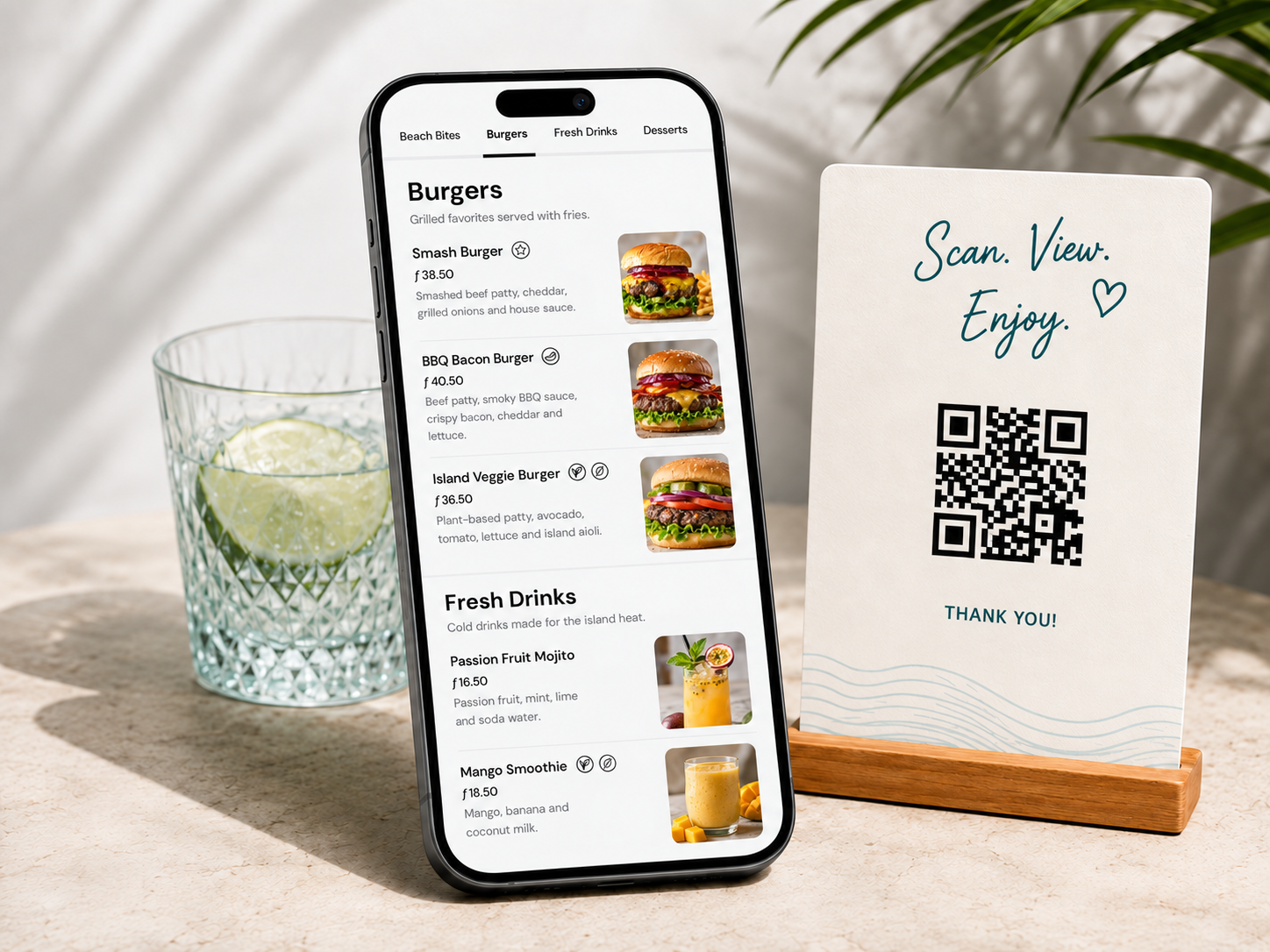 Hambroso digital food menu on a phone beside a tabletop QR code